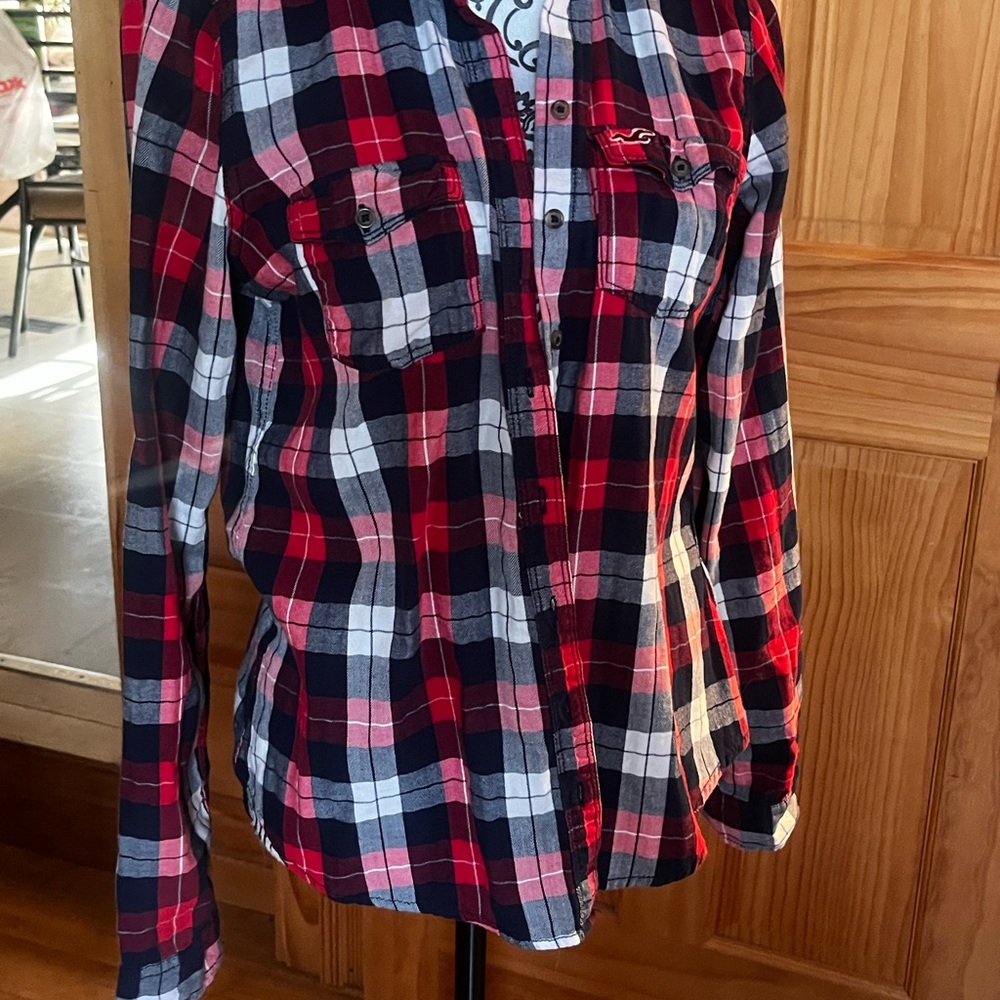 Hollister Red and Navy Plaid Shirt